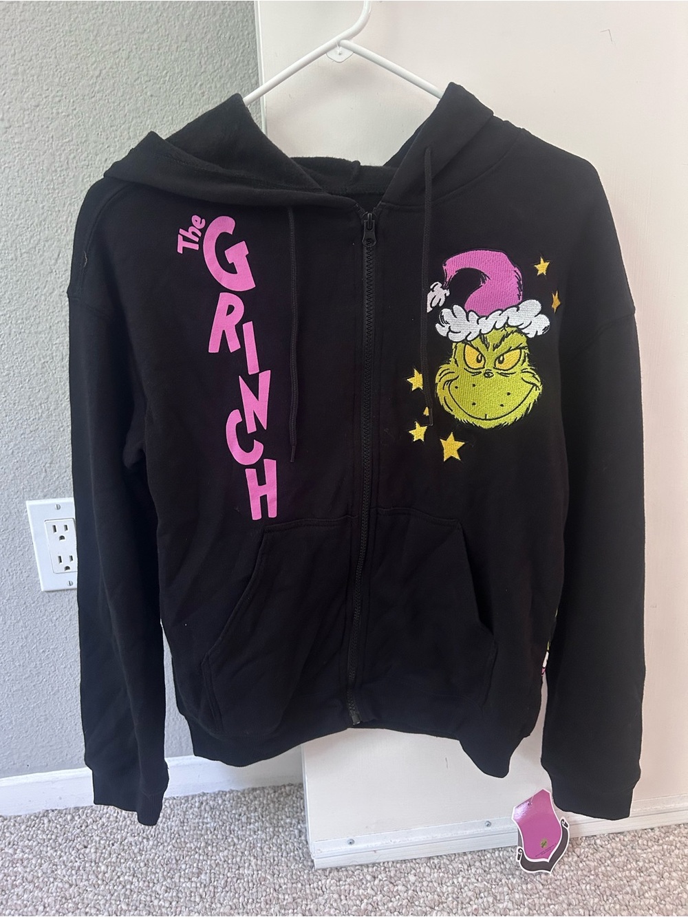 NWT Ladies’ Black The Grinch Zip-Up Hoodie with Pink Accents size S